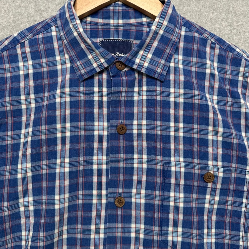 Tommy‎ Bahama Mens Medium Blue Plaid Silk Blend Short Sleeve Button Down Shirt